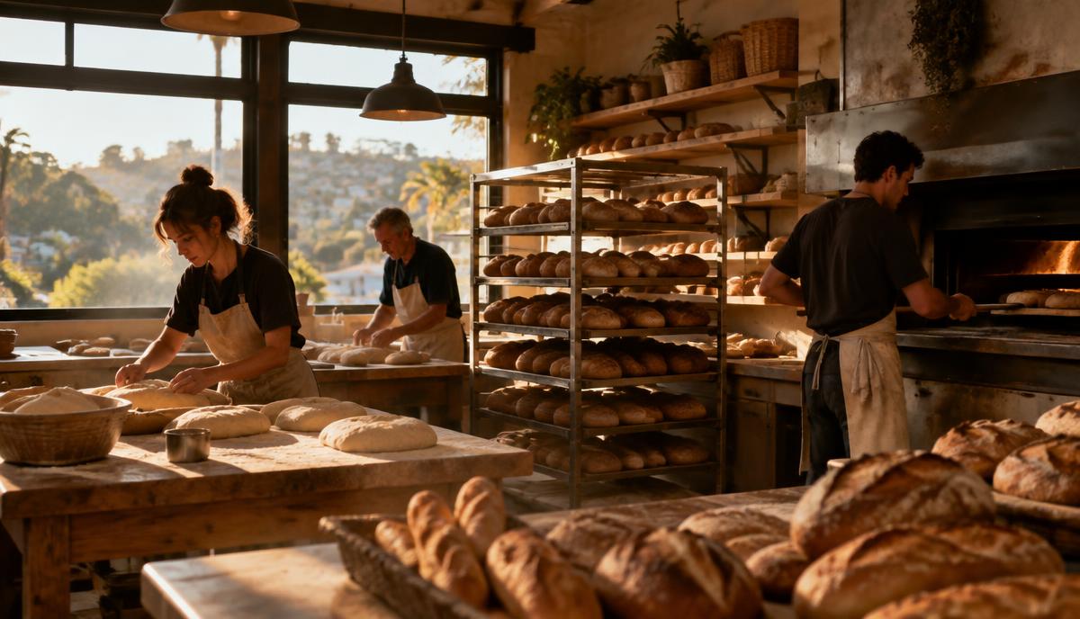 Bakers working in a warm neighborhood bakery